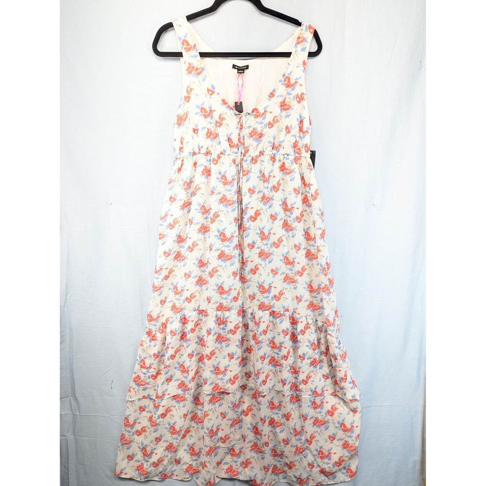 I Love Ronson Floral Maxi Dress Cream Coral Blue Sleeveless Tiered Ruffle Size L